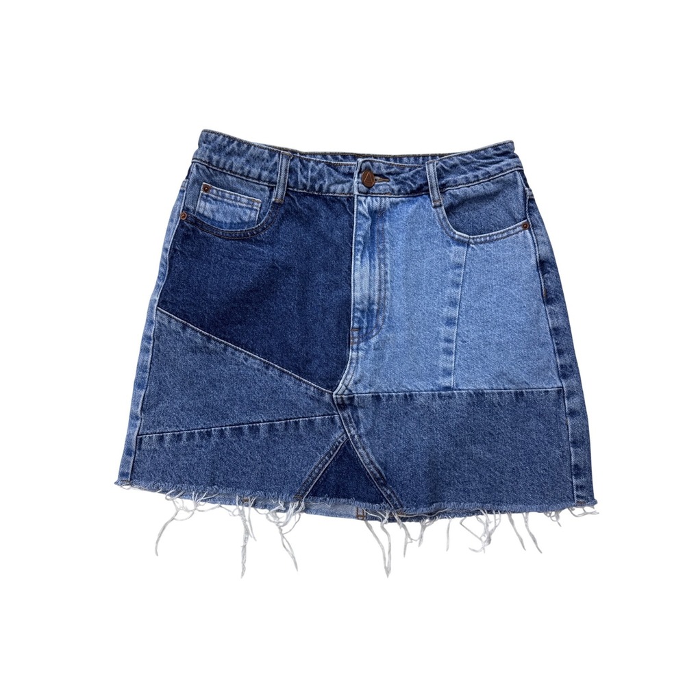 Eleven Paris Patchwork Denim Mini Skirt Blue Multi Raw Hem Size 30